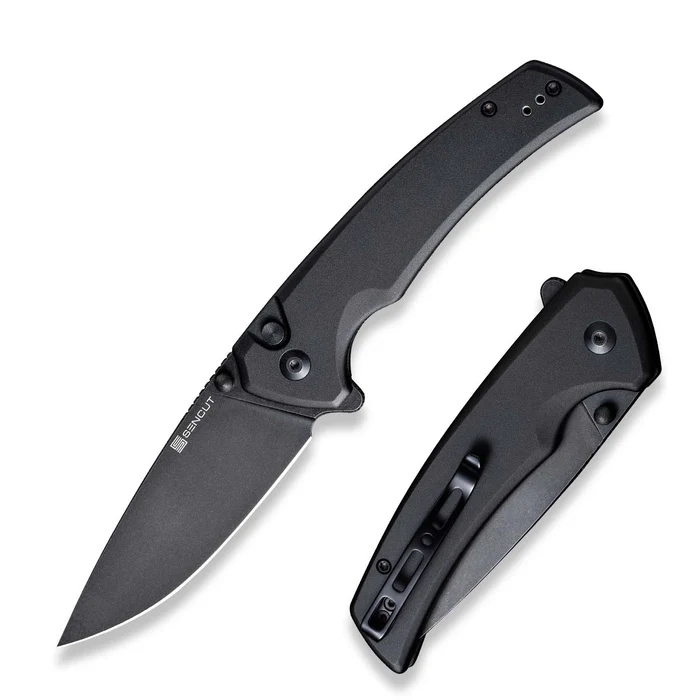 Serene Flipper-thumb Stud Folding Knife 3.48" Black D2 Drop Point Plain Edge Blade, Black Aluminum Handle