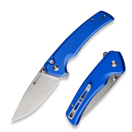 Serene Flipper-thumb Stud Folding Knife 3.48" Satin D2 Drop Point Plain Edge Blade, Bright Blue Aluminum Handle