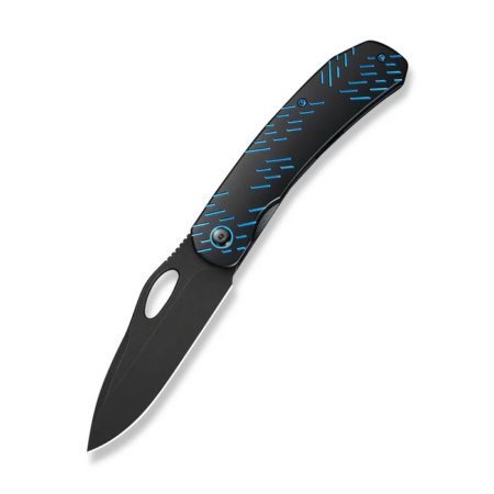 Weknife Inmate Front Flipper & Thumb Hole Knife Black Titanium Handle With Blue Raindrops (3.7" Black Stonewashed Cpm 20cv Blade)