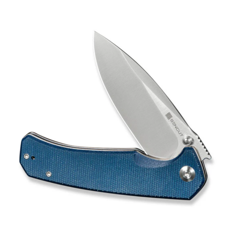 Skarnax Flipper-thumb Stud Folding Knife 3.79" Satin 9cr18mov Drop Point Plain Edge Blade, Blue Canvas Micarta Handle